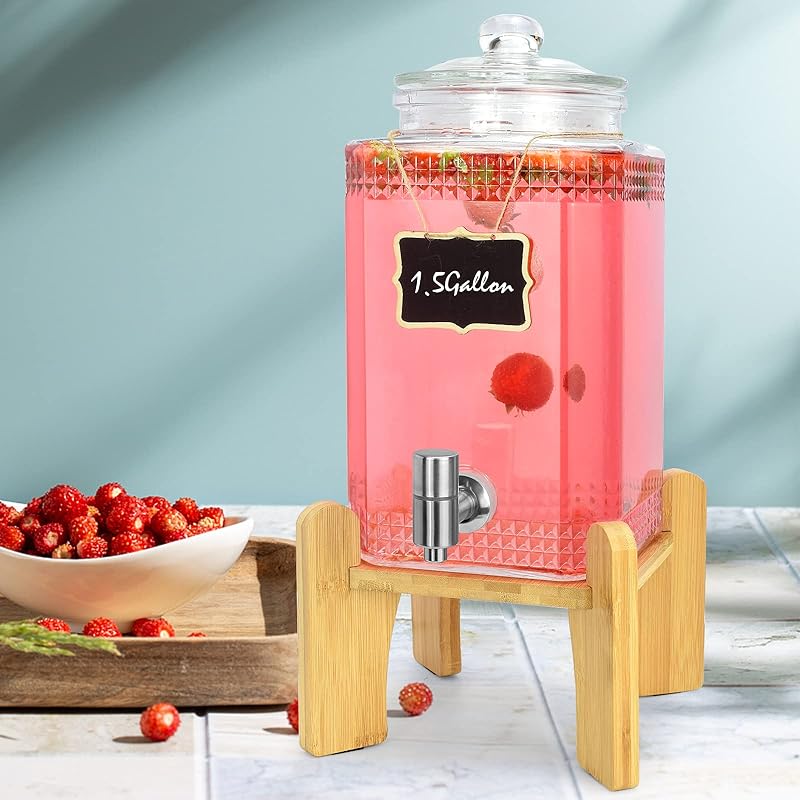1.5 Gallon Glass Beverage Dispenser With Stand(Natual Bamboo). Water Drink Dispensers for Parties With Stainless Steel Spigot 100% Leakproof.Perfect For Parties And Daily Use. - TrendyLookz