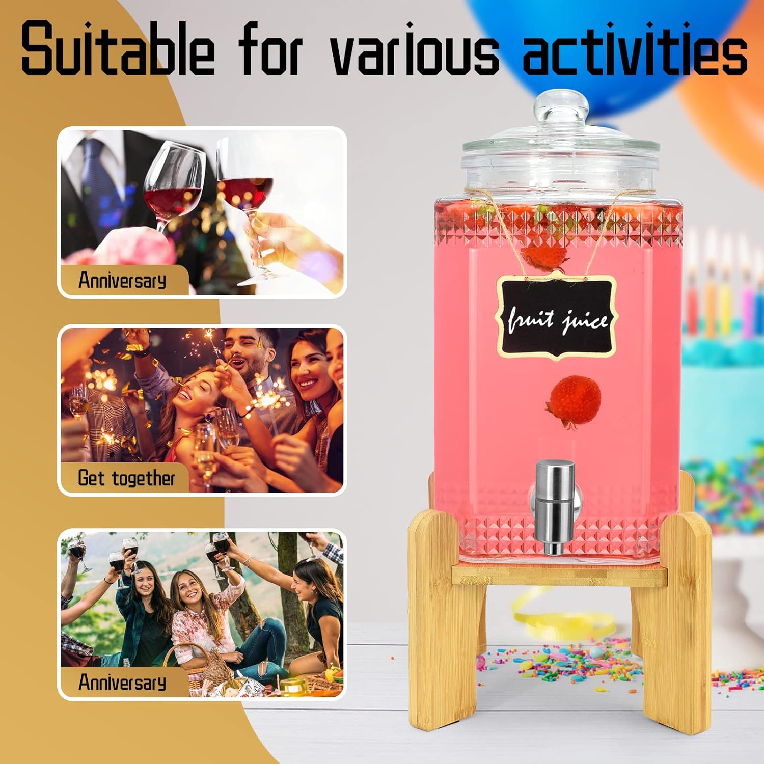 1.5 Gallon Glass Beverage Dispenser With Stand(Natual Bamboo). Water Drink Dispensers for Parties With Stainless Steel Spigot 100% Leakproof.Perfect For Parties And Daily Use. - TrendyLookz
