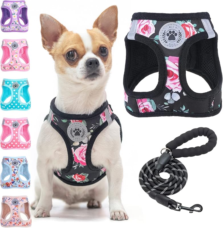 BEAUTYZOO Plaid Dog Harness and Leash Set for XS S Pets, Step-in No Choke No Pull Soft Mesh Vest Harness, Reflective for Extra-Small/Small Medium Puppy Dogs and Cats, Beige S