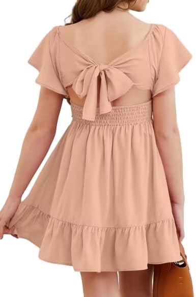 Girls Elegant Ruffle Short Sleeve Back Tie Dresses 6-13 Years Old