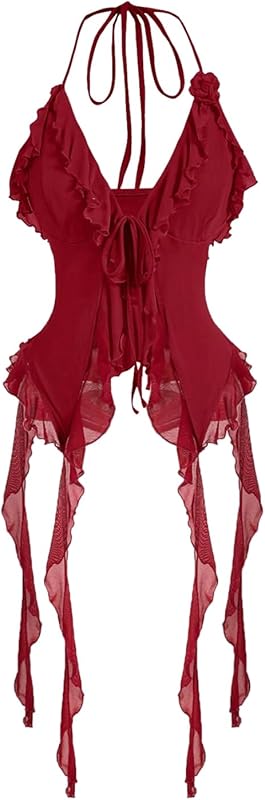 WDIRARA Women's 3D Flower Tie Front Ruffle Trim Halter Top Tie Backless Camisole
