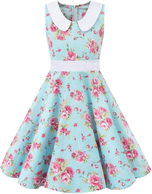 Kids Girls 50s Audrey Vintage Polka Dot Swing Party Rockabilly Dress Retro Peter Pan Doll Collar Wedding Casual Skater Dress