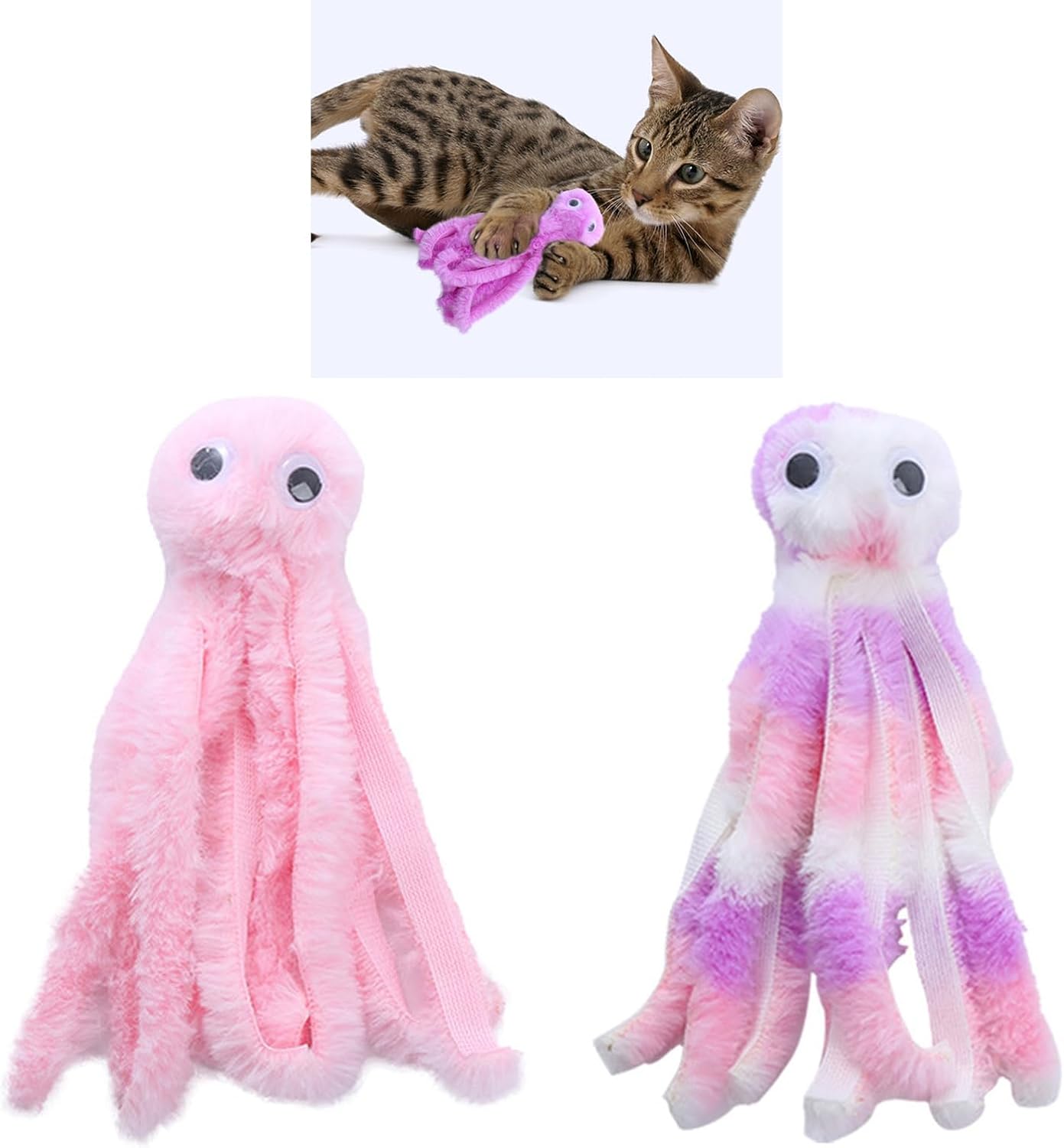 Mjaie Jouet d'activité pour chat en peluche en forme de pieuvre - Jouet de dentition mignon pour chaton - Tige molaire interactive - Résistant aux morsures - Rose