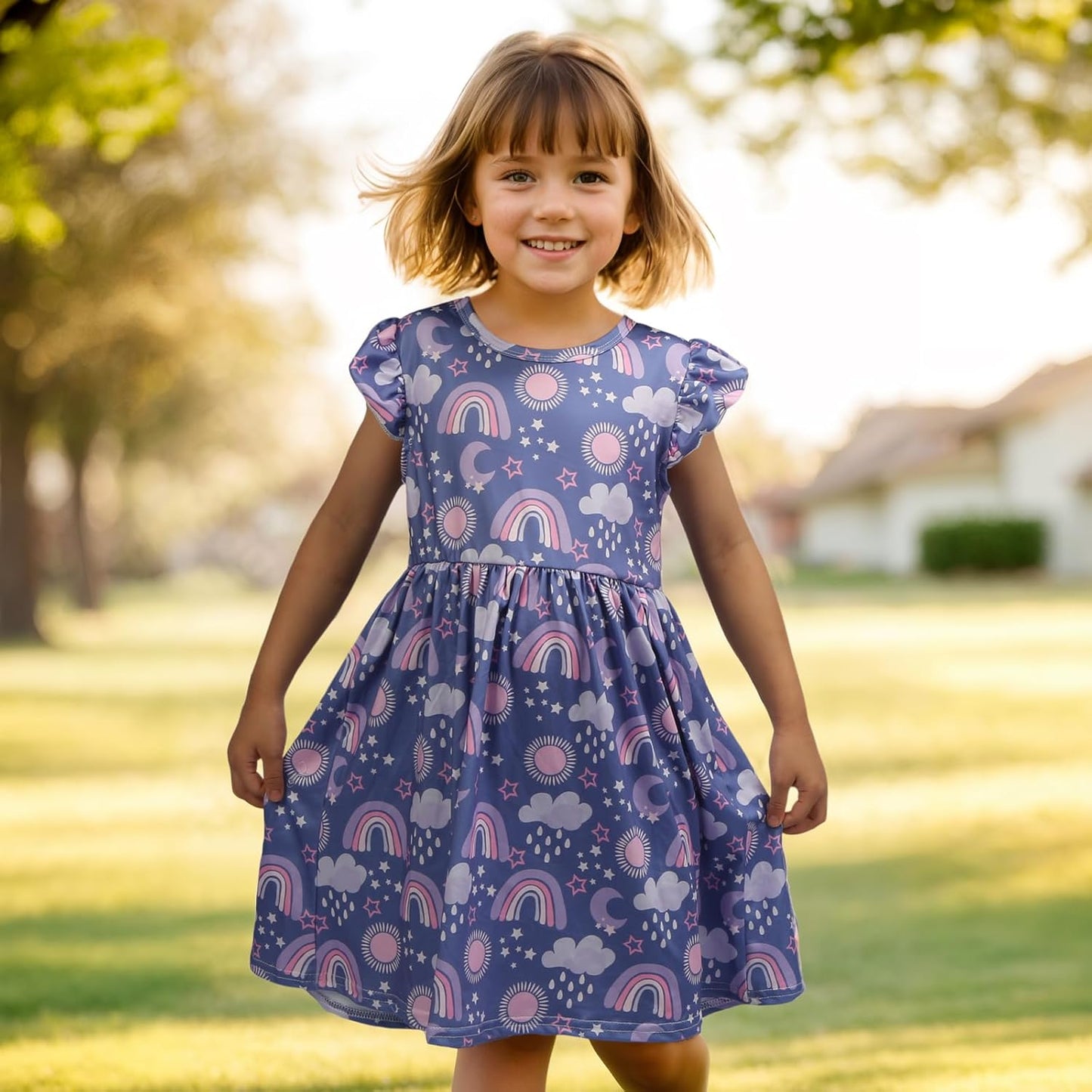 Toddler Little Girls Casual Dresses Short Sleeve Crew Neck Graphic Cartoon Dress for 2-8 Years