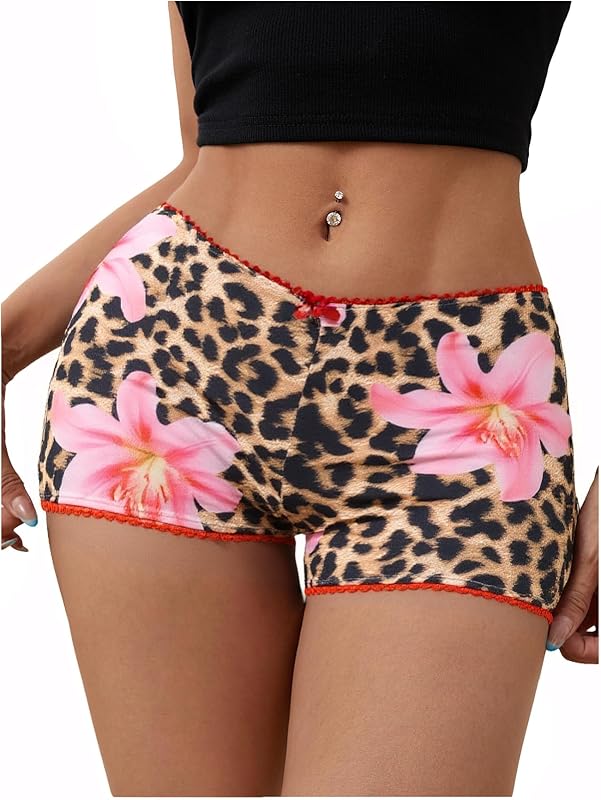 SOLY HUX Women's Y2k Lace Trim Leopard Shorts Drop Waist Skinny Mini Shorts Party Clubwear
