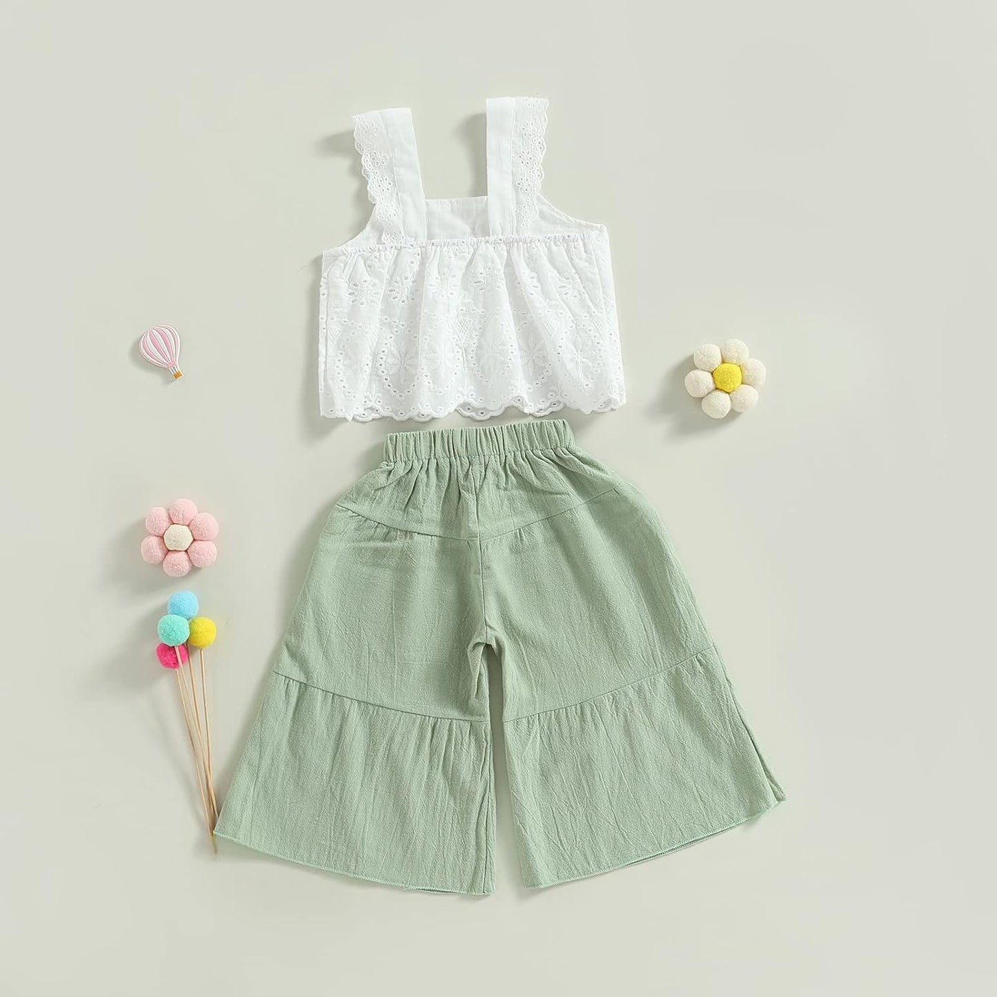 2PCS Baby Girl Sleeveless Strap Lace Crop Vest Tops + Flared Wide-Leg Pants Toddler Summer Outfits Set Clothes