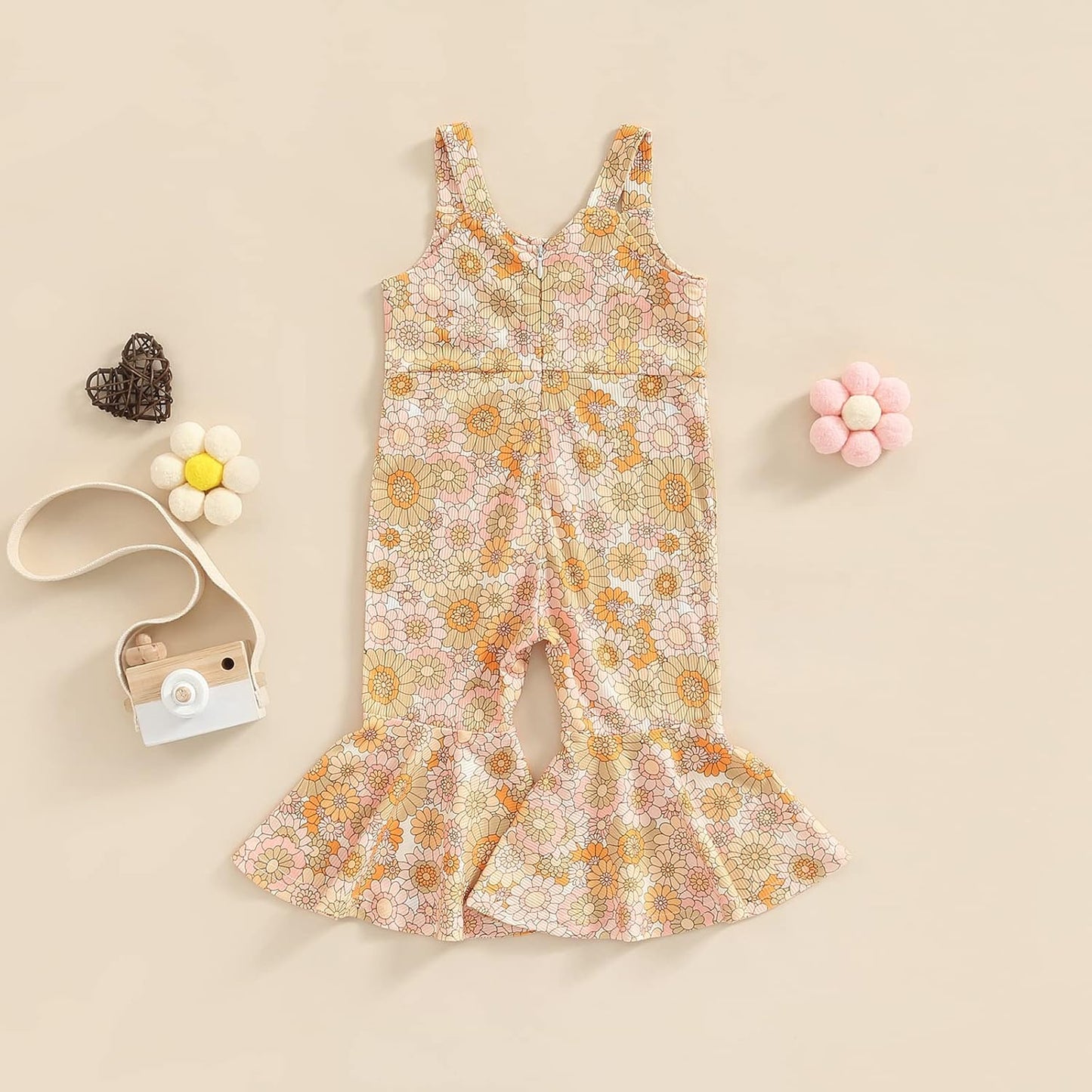 Emmababy Baby Girl Bell Bottoms Romper Toddler Floral Overalls Suspender Flare Pants Sleeveless Strap Jumpsuit Fall Clothes