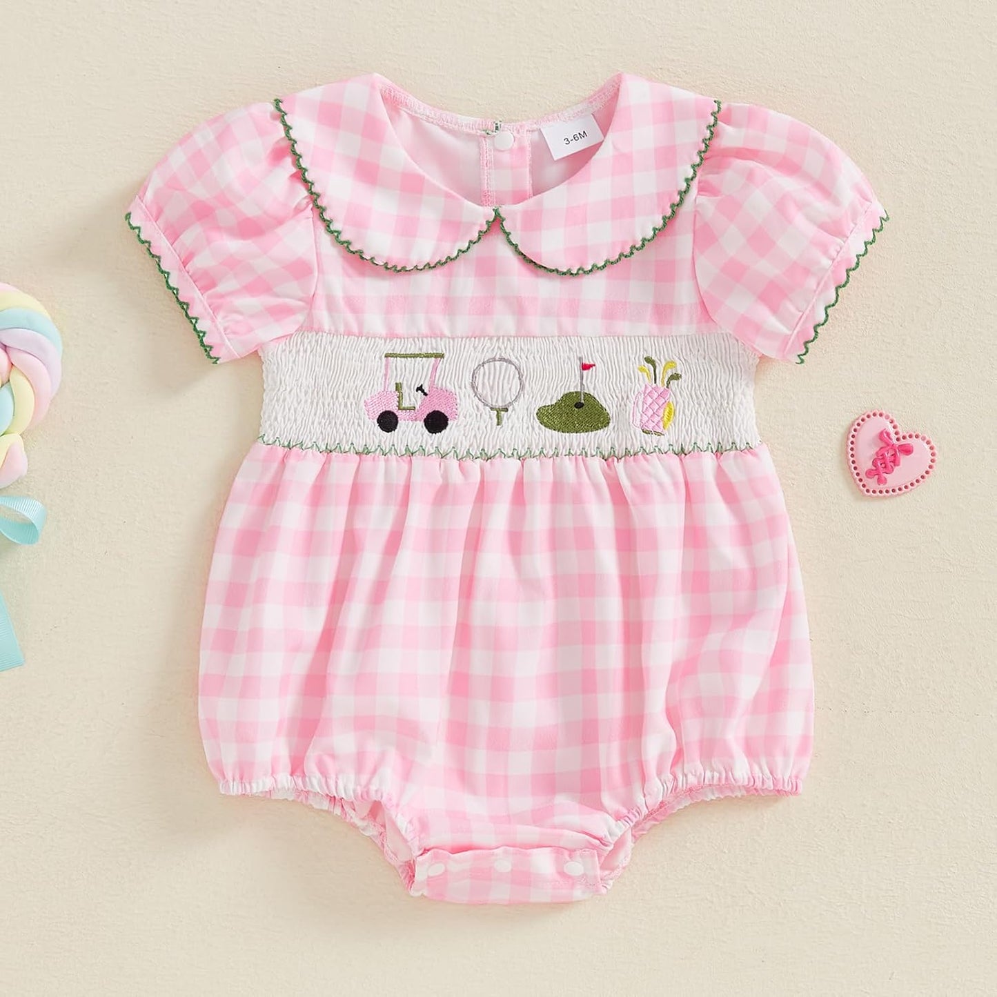 Newborn Baby Girl Golf Outfit Summer Doll Collar Bubble Short Sleeve Golfing Theme Embroidery Smocked Plaid Romper Bodysuit