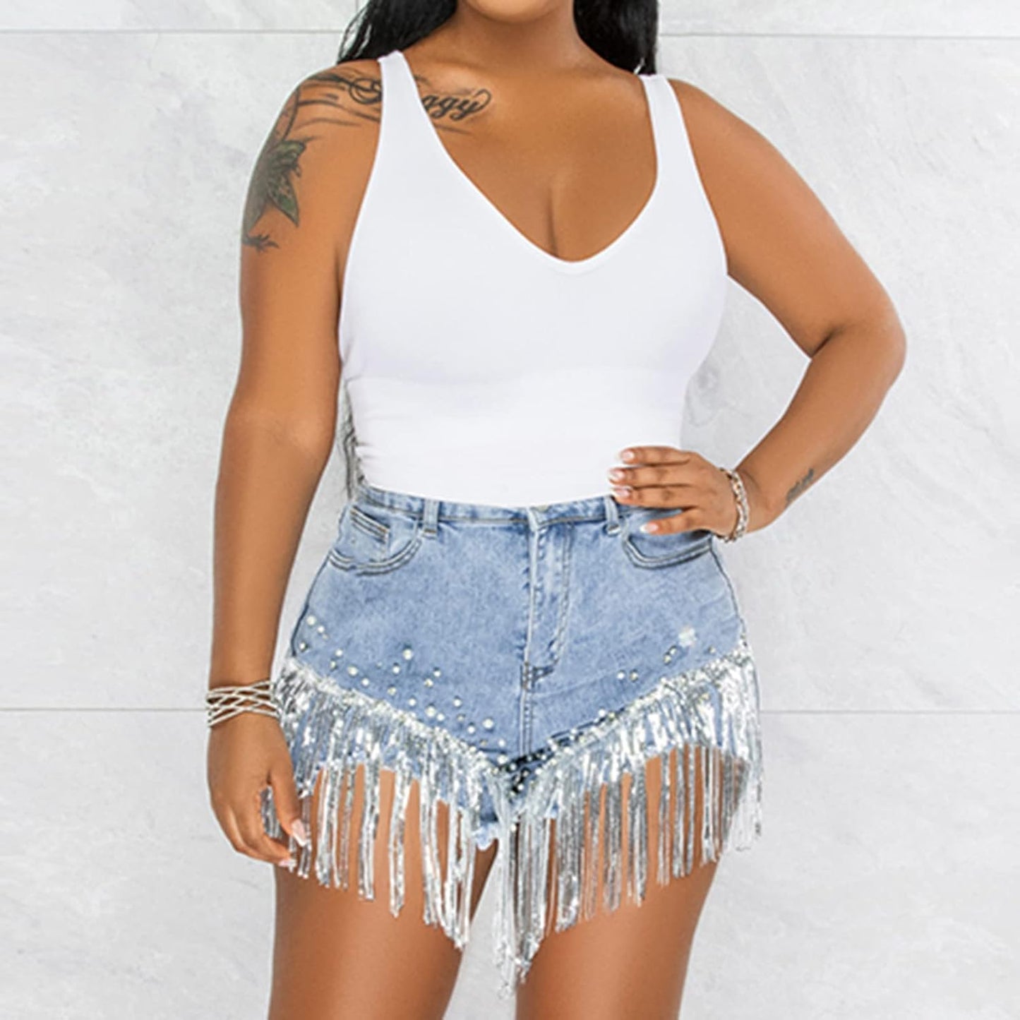 CYLADY Women High Waisted Denim Shorts Ripped Jeans Frayed Raw Hem Tassels Jean Shorts
