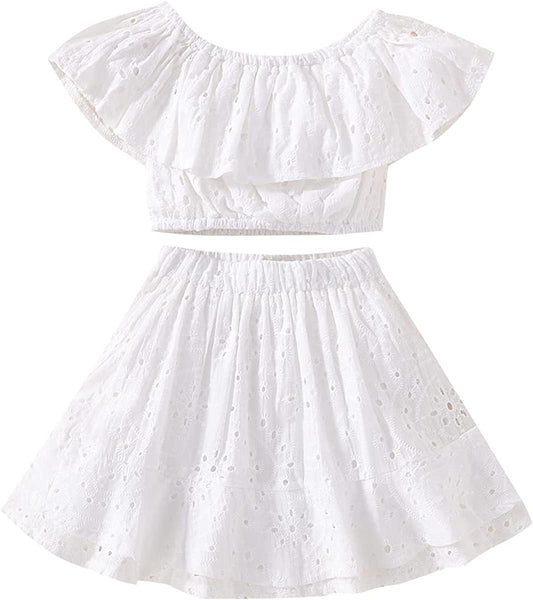 Toddler Girl Lace Ruffled Off-Shoulder Crop Tops+ Tulle Layered Skirts Little Princess Dress Clothes Set