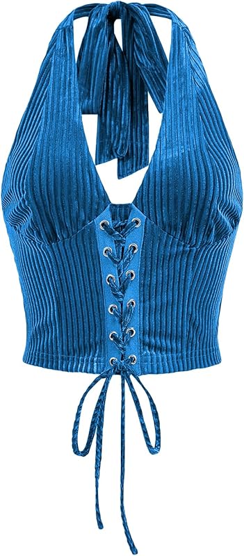 Verdusa Women's Going Out Halter Corset Tops Sleeveless Lace Up Open Back Crop Top