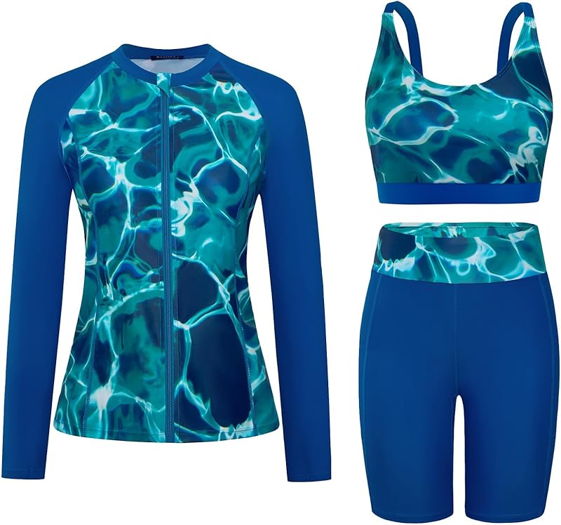 Arolina Womens Rash Guard Long Sleeve Swim Shirts Swimsuit 2025 Bathing Suit with Womens Swim Shorts & Two Pockets