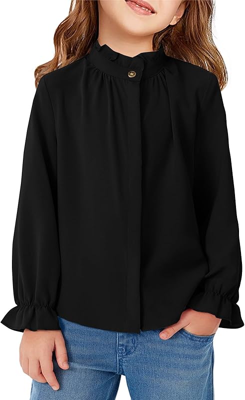 Haloumoning Girls Ruffle Long Sleeve Blouse Kids Button Down Uniform Dress Shirts 5-14 Years
