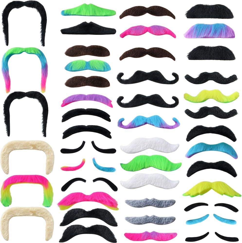 TCOTBE 48 Pcs Self Adhesive Fake Mustache Set Novelty Mustaches Colorful Fake Beard Mardi Gras French Pirate Detective Moustache Stickers for Costume and Halloween Festival Party 16 Styles