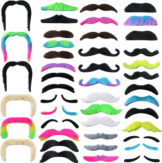 TCOTBE 48 Pcs Self Adhesive Fake Mustache Set Novelty Mustaches Colorful Fake Beard Mardi Gras French Pirate Detective Moustache Stickers for Costume and Halloween Festival Party 16 Styles