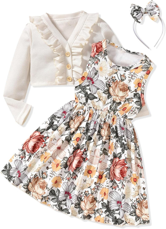 HINTINA Toddler Little Girls Dress And Cardigan Sets 2 Piece Floral Print Sleeveless Dress and Long Sleeve Cardigan Set
