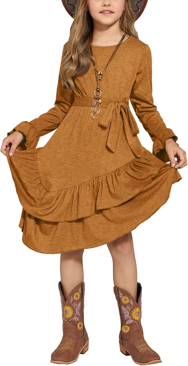Arshiner Girls Dresses Loose Plain Casual Ruffle Swing Midi Dress with Belt for 5-14 Years