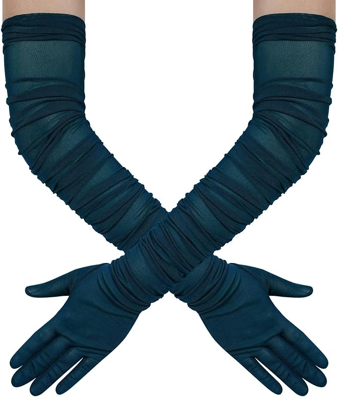 Hazhlko Women's Super Long Stretchy Ruched Mesh Tulle Sheer Gloves Costume Opera Party 1920's Dance Gloves