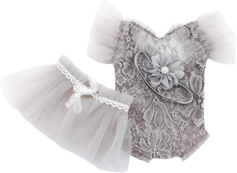Newborn Photography Props Outfits Princess Baby Girl Pearl Lace Rompers Headdress Infant Baby Girl Photoshoot Costume