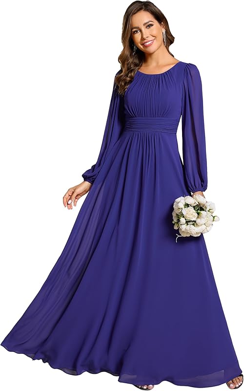 Ever-Pretty Women's Crewneck Long Lantern Sleeves Floor Length A-Line Pleated Chiffon Formal Dress 0106B