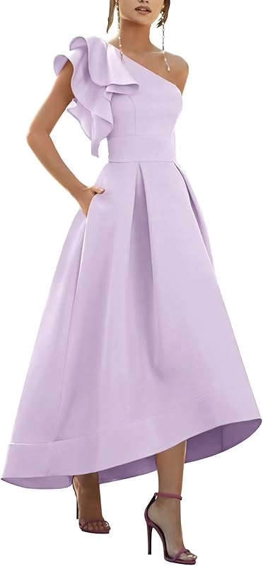 One Shoulder Satin Mother of Bride Dresses 2025 High-Low Ruffle Formal Evening Party Gowns