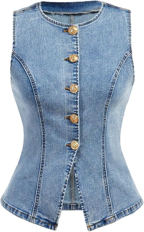 MakeMeChic Women's Denim Vest Top Summer Button Down Sleeveless Jean Jacket Crew Neck Waistcoat