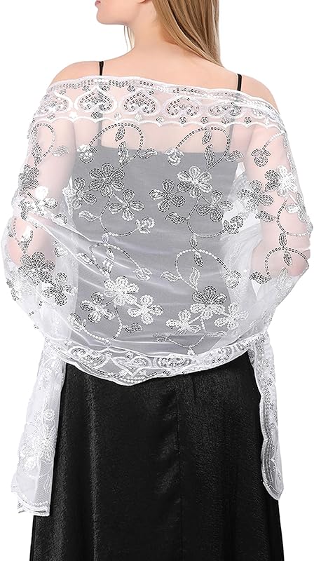Shawls and Wraps for Evening Dresses,Women Formal 1920s Sequin Flower Sheer Shawls and Wraps for Wedding-