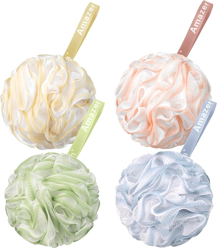 AmazerBath Loofah Sponge 75g/Piece, Exfoliating Bath Sponge Body Scrubber - Loofa Set of 4 Flower Color (Large, Green-Purple)