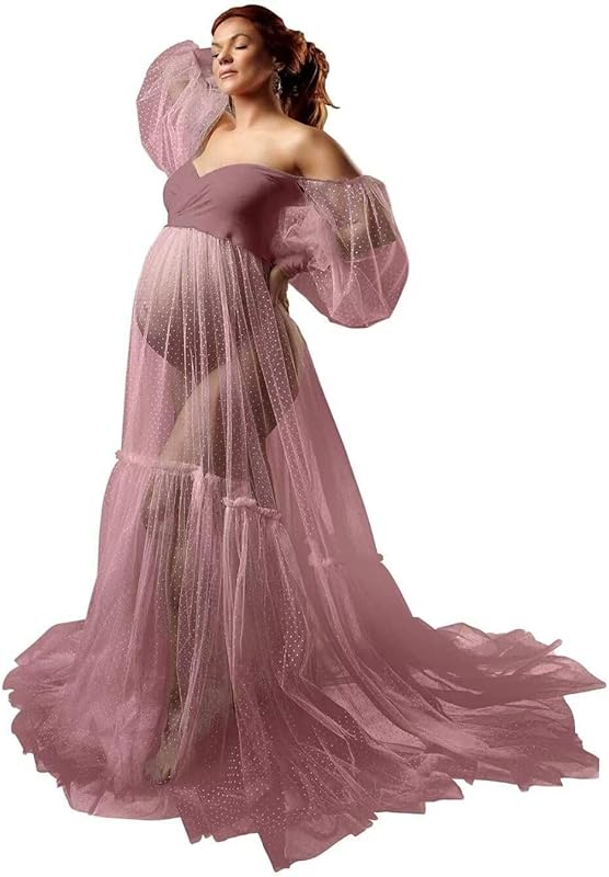 Off Shoulder Tulle Maternity Dress for Photoshoot Puffy Sleeve Wedding Bridal Pregnancy Robe Baby Shower Photography