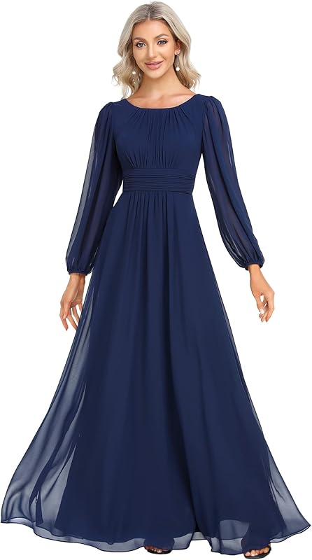 Ever-Pretty Women's Crewneck Long Lantern Sleeves Floor Length A-Line Pleated Chiffon Formal Dress 0106B
