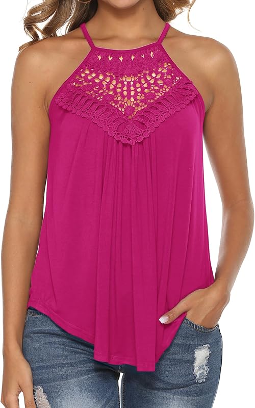 Bluetime Halter Tops for Women Sexy Sleeveless Lace Crochet Dressy Flowy Tank Top Cute Summer Shirts