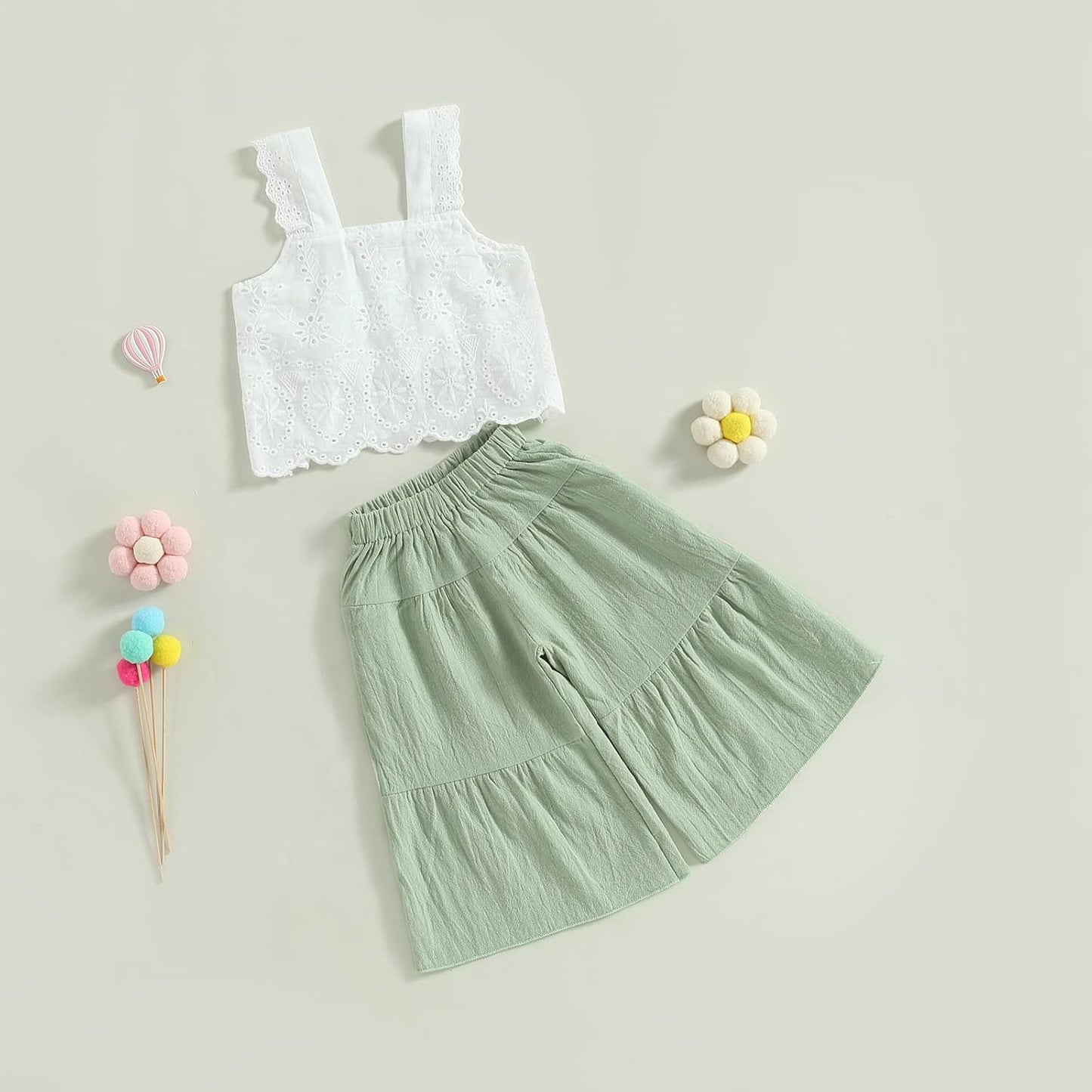 2PCS Baby Girl Sleeveless Strap Lace Crop Vest Tops + Flared Wide-Leg Pants Toddler Summer Outfits Set Clothes