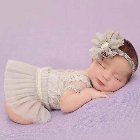 Newborn Photography Props Outfits Princess Baby Girl Pearl Lace Rompers Headdress Infant Baby Girl Photoshoot Costume
