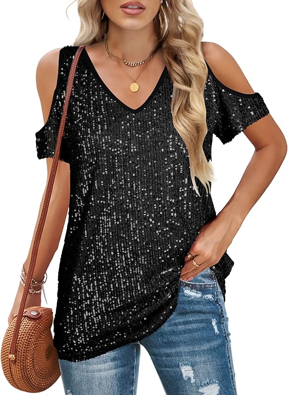 Sequin Tops Women Sparkly Shirt: Party Top Sparkle Shirts Glitter Cold Shoulder V Neck Blouses Evening Club Outfits