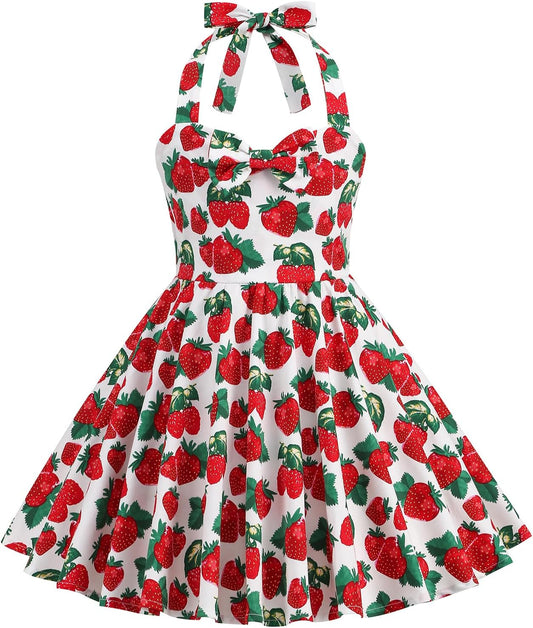 1950s Vintage Dresses for Girls Halter Dress Sleeveless Bowknot Heart Neck 4 - 12 Years - TrendyLookz