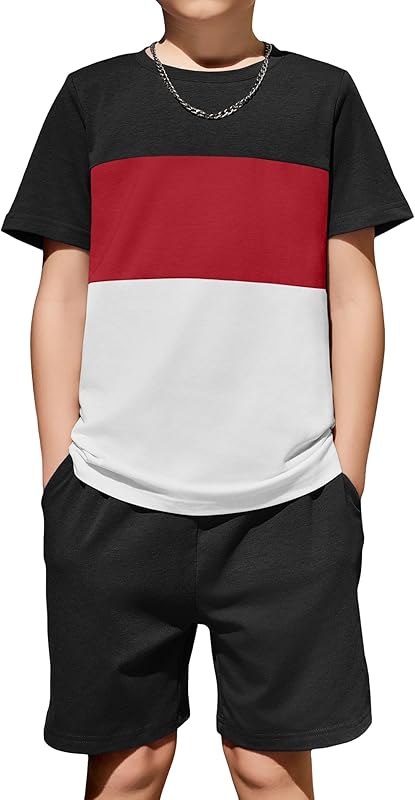 Arshiner Boys' 2-Piece Cotton Outfit Color Block T-Shirt and Shorts Set Casual Summer Clothes for Kids 6-14 Years