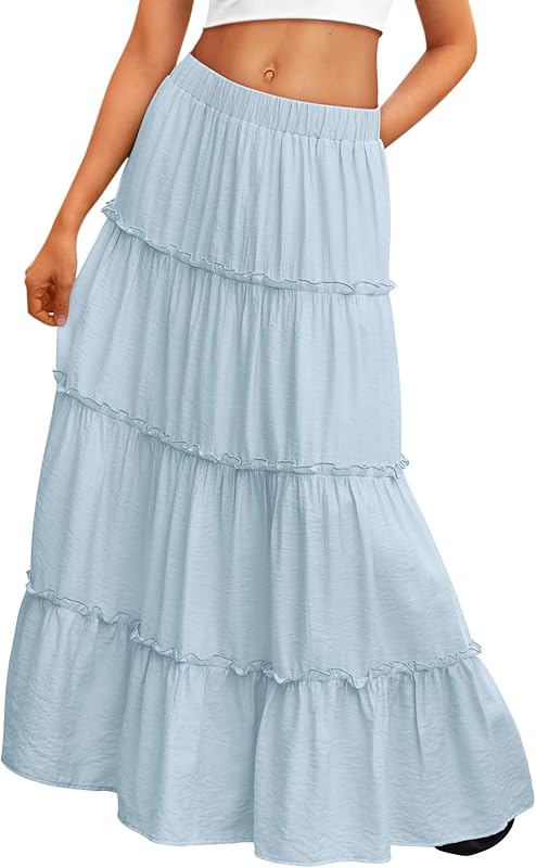 Trendy Queen Long Skirts for Women Boho Maxi Skirt Summer Swing Tiered A-Line Elastic High Waist Dress with Pockets Fashion