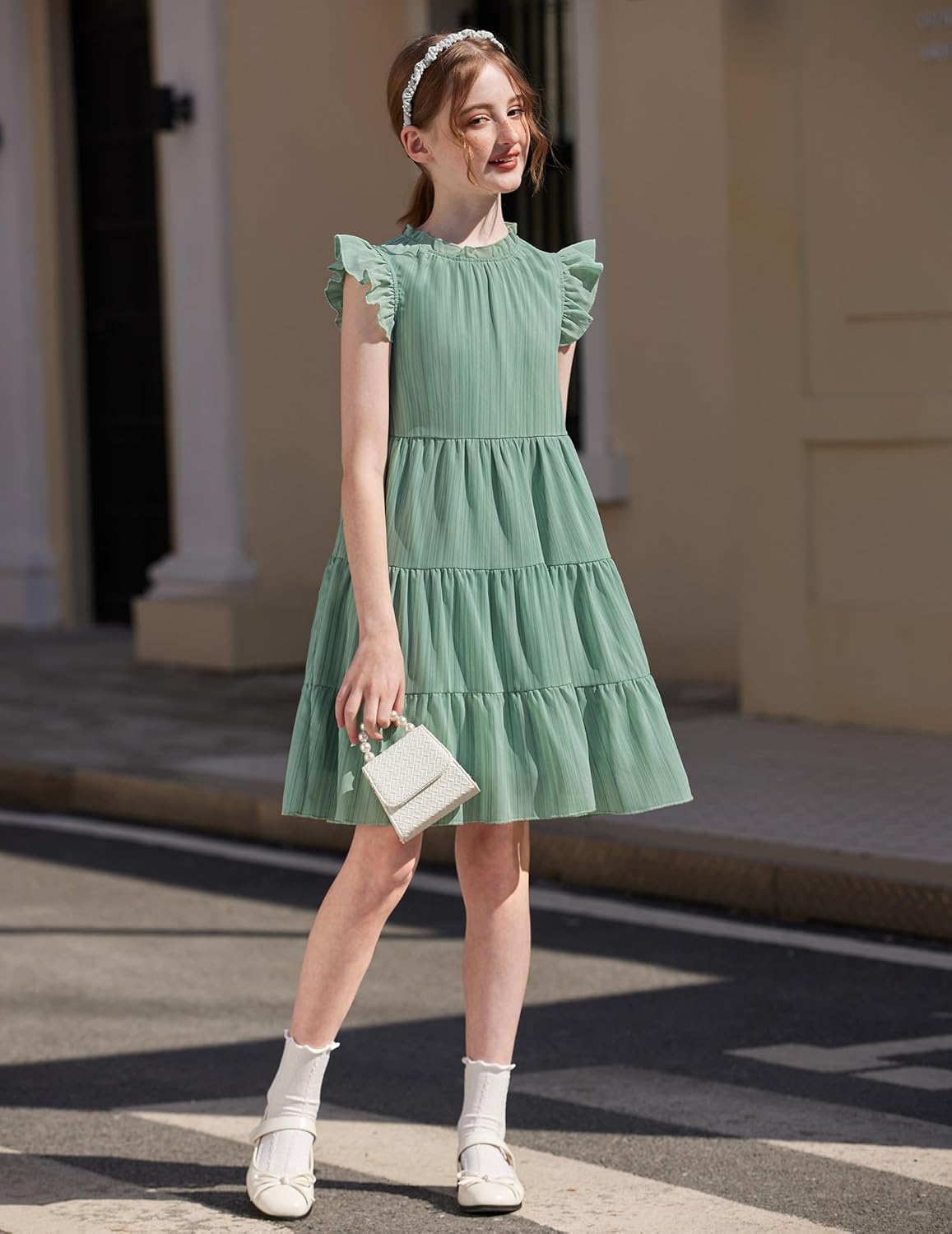 Arshiner Tween Girls Summer Dress Formal Ruffle Sleeve A Line Casual Elegant Dresses with Belt