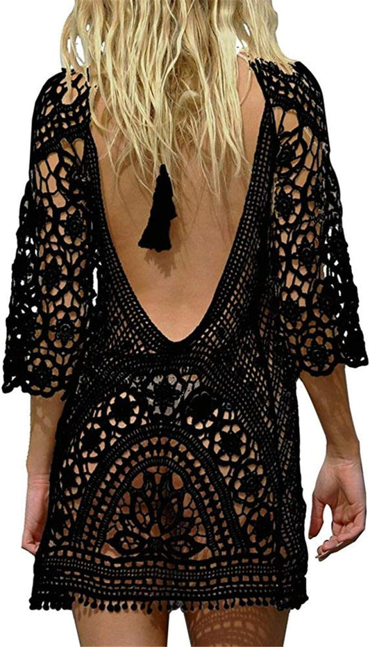 TMEOG Strandkleider Damen Kurze Kleid Badeanzug Bikini Spitze Crochet Cover Up
