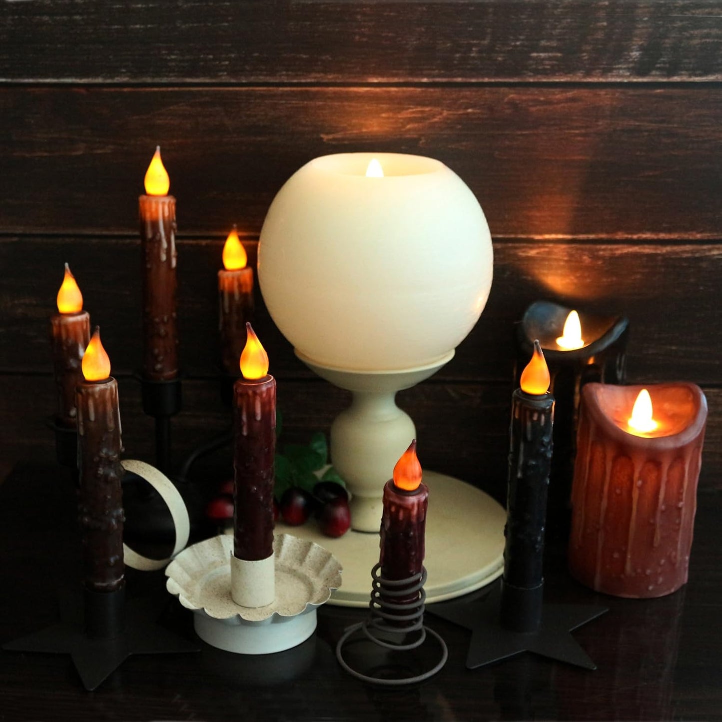 CVHOMEDECO. Real Wax Hand Dipped Battery Operated LED Timer Taper Candles Country Primitive Flameless Lights Décor, 6-3/4 Inch, Matt Black, 3 PCS in a Package