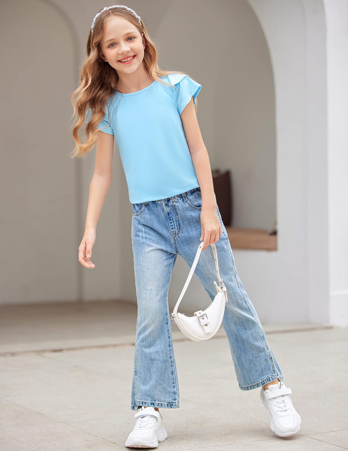 Girls T Shirts Ruffle Short Sleeve Round Neck Loose Blouse Summer Solid Color Casual Girl Tee Tops for 3-12 Years
