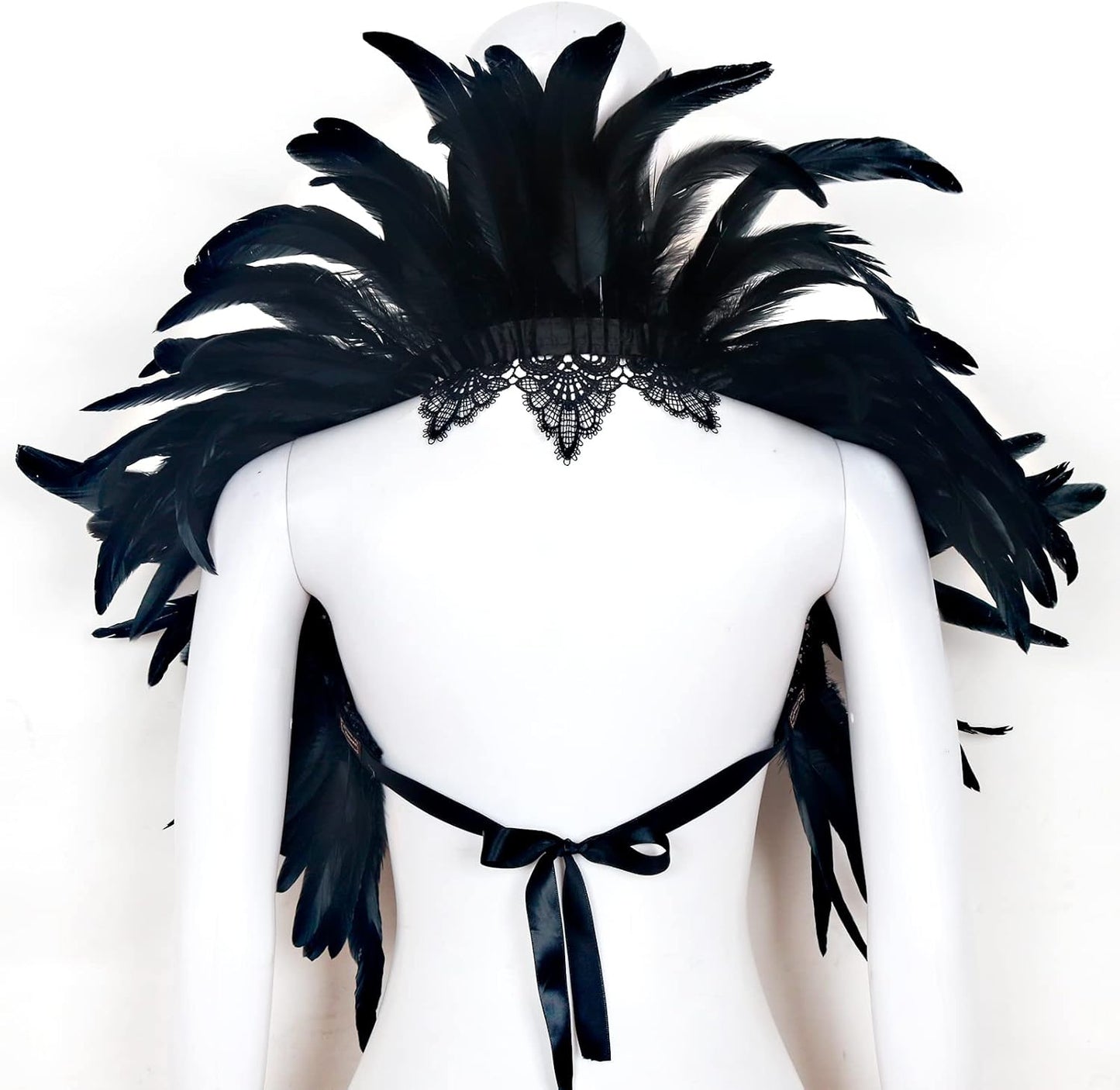 L'VOW Black Feather Shrug Cape Shoulder Wrap Lace Collar Halloween Costumes for Women