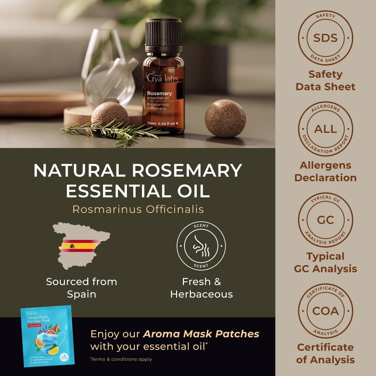 Gya Labs Rosemary Essential Oil for Hair - 0.34 Fl Oz - 100% Pure Natural Rosemary Oil for Diffuser, Skin, Scalp, Aromatherapy & Candle Making Scent