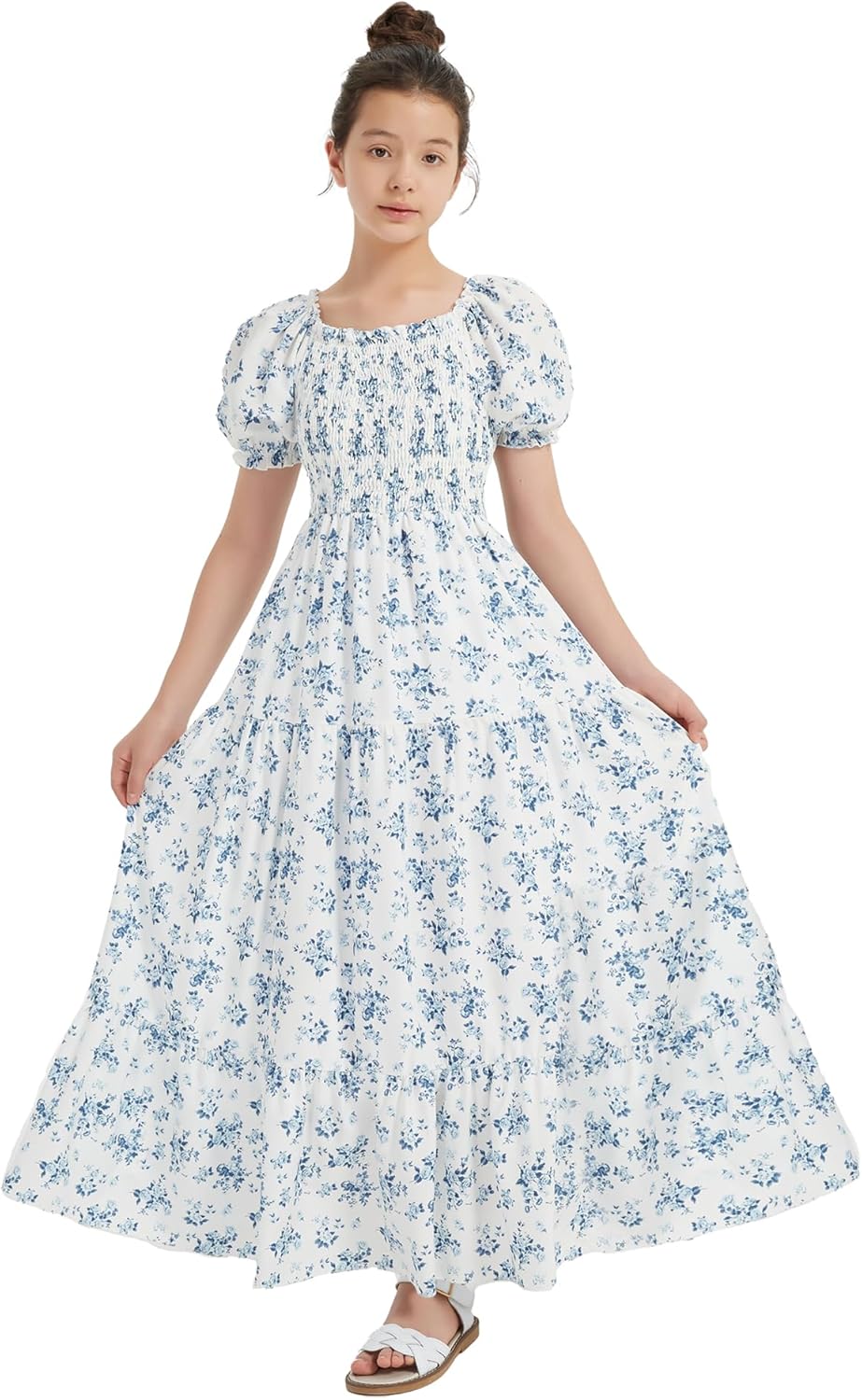 EXARUS Girls Maxi Long Smocked Dress Tween Swiss Dots Summer Square Neck Short Sleeve Casual A-line Dresses for 6-12Y