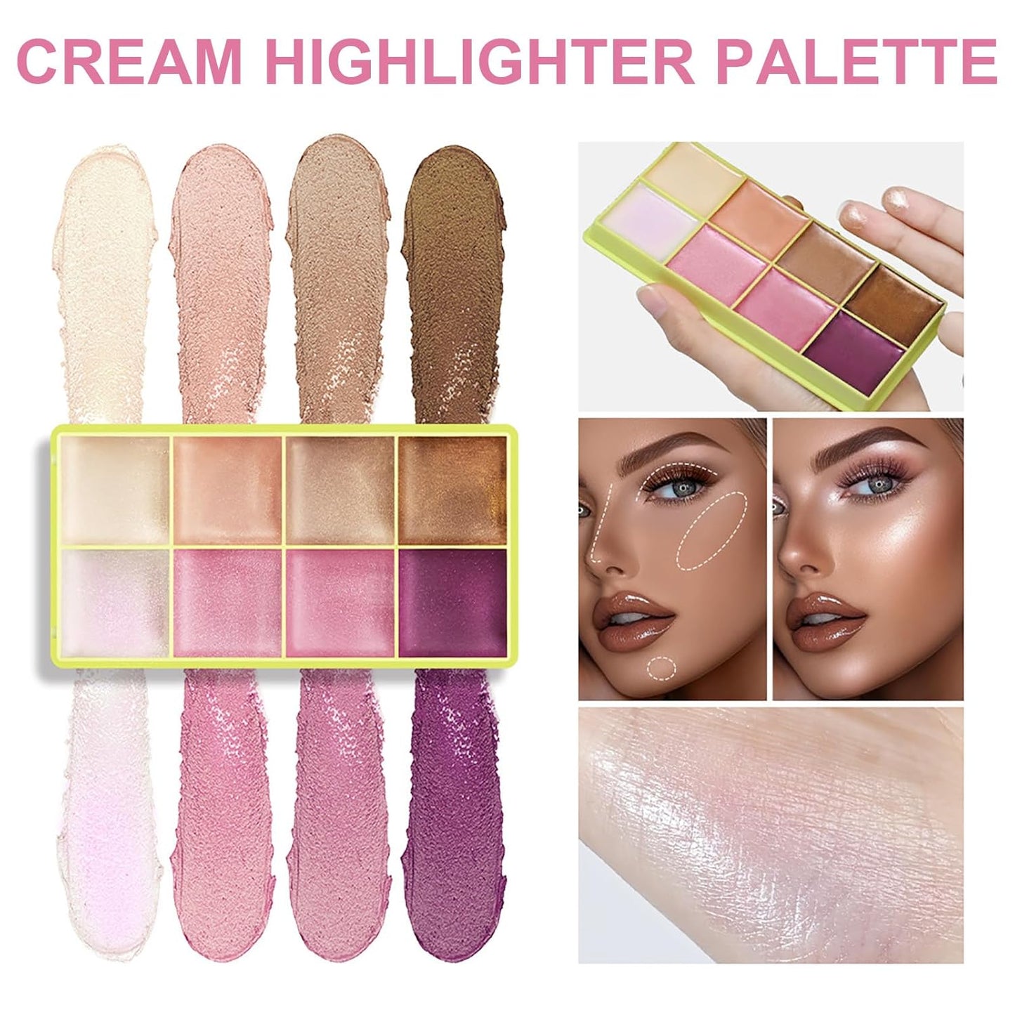 Highlighter Curve Comet Case, 8 Colors Cream Highlighter Shimmer Glow Silver Gold Blossom Glowy Finish Makeup Palette