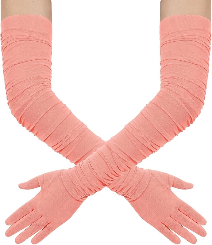 Hazhlko Women's Super Long Stretchy Ruched Mesh Tulle Sheer Gloves Costume Opera Party 1920's Dance Gloves