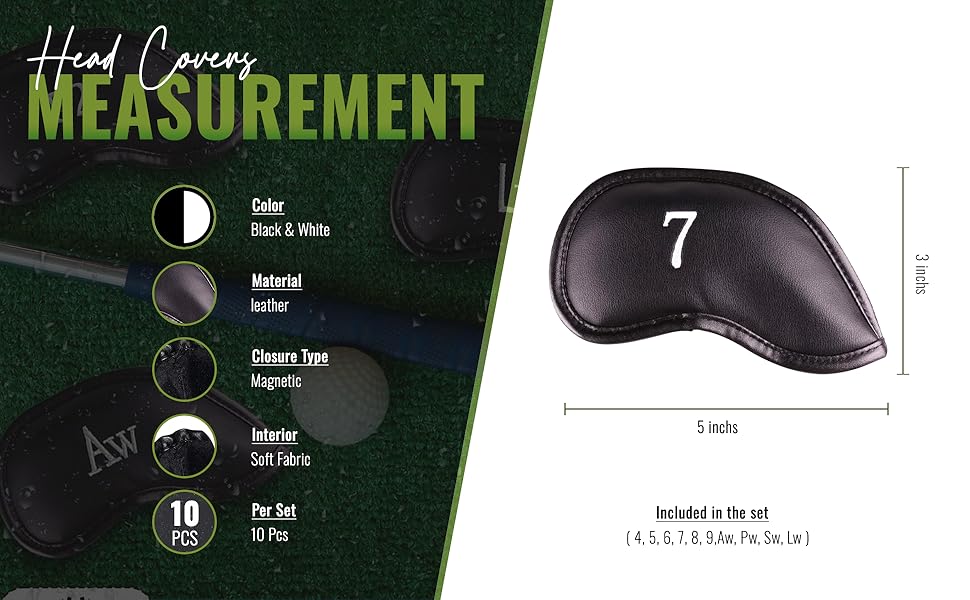 Premium Magnetic Leather Iron and Wedge Golf Club Head Covers | Set of 10 | Fits Most Clubs | Embroidered Club Label on Both Sides of Club Head Cover