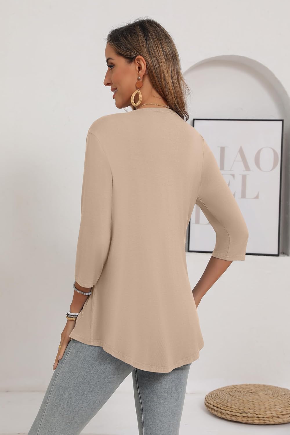 Women's 3/4 Sleeve Open Front Cardigan Casual Loose Lightweight Cardigans with Pockets