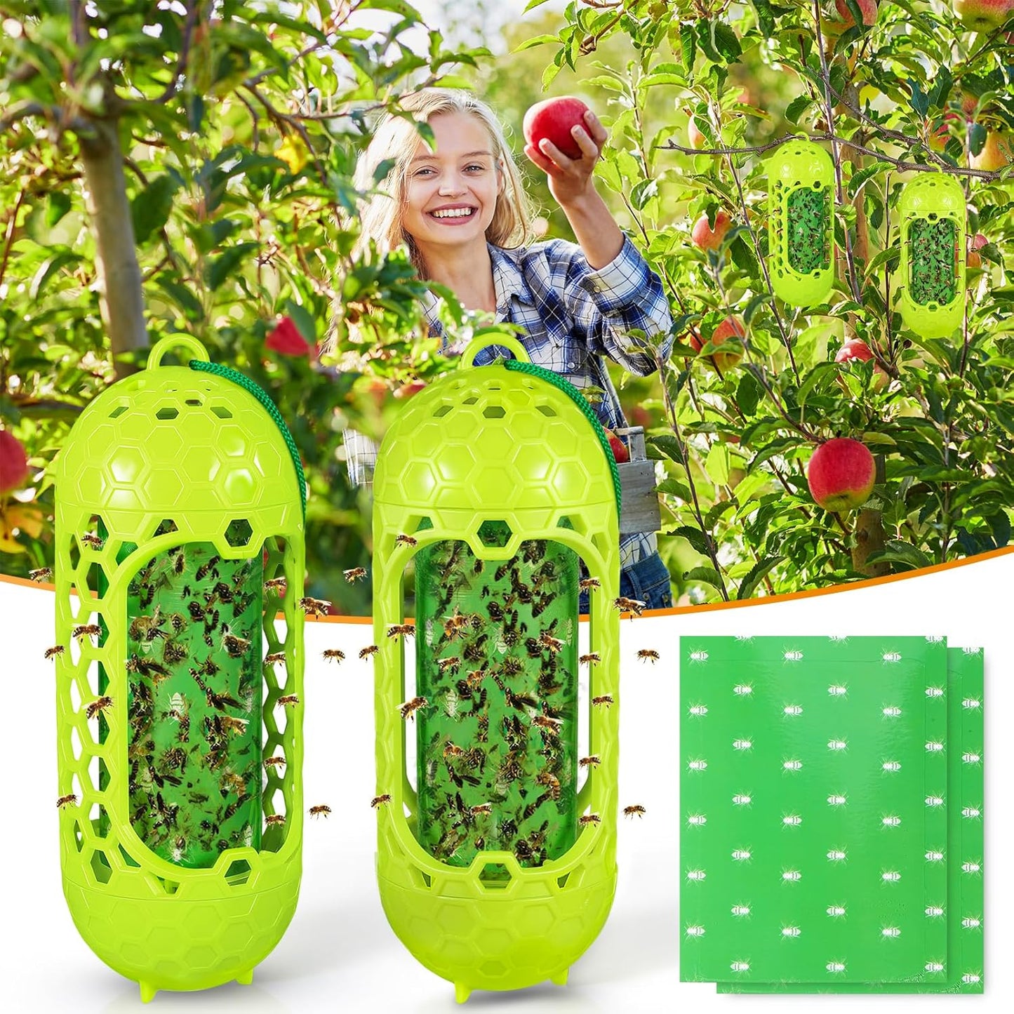 2 Pack Upgraded Outdoor Hanging Wasp Trap, Bee Traps for Outdoor Yellow Jacket Bee Catcher Trap, 2 PCS Refillable Sticky Papers, Fly Bug Insect Deterrent Killer