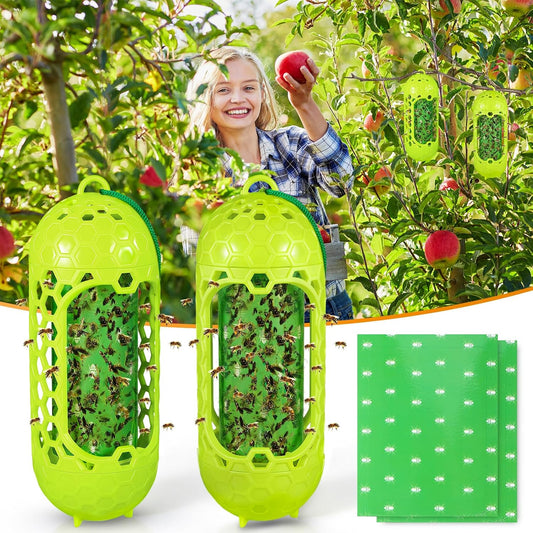 2 Pack Upgraded Outdoor Hanging Wasp Trap, Bee Traps for Outdoor Yellow Jacket Bee Catcher Trap, 2 PCS Refillable Sticky Papers, Fly Bug Insect Deterrent Killer